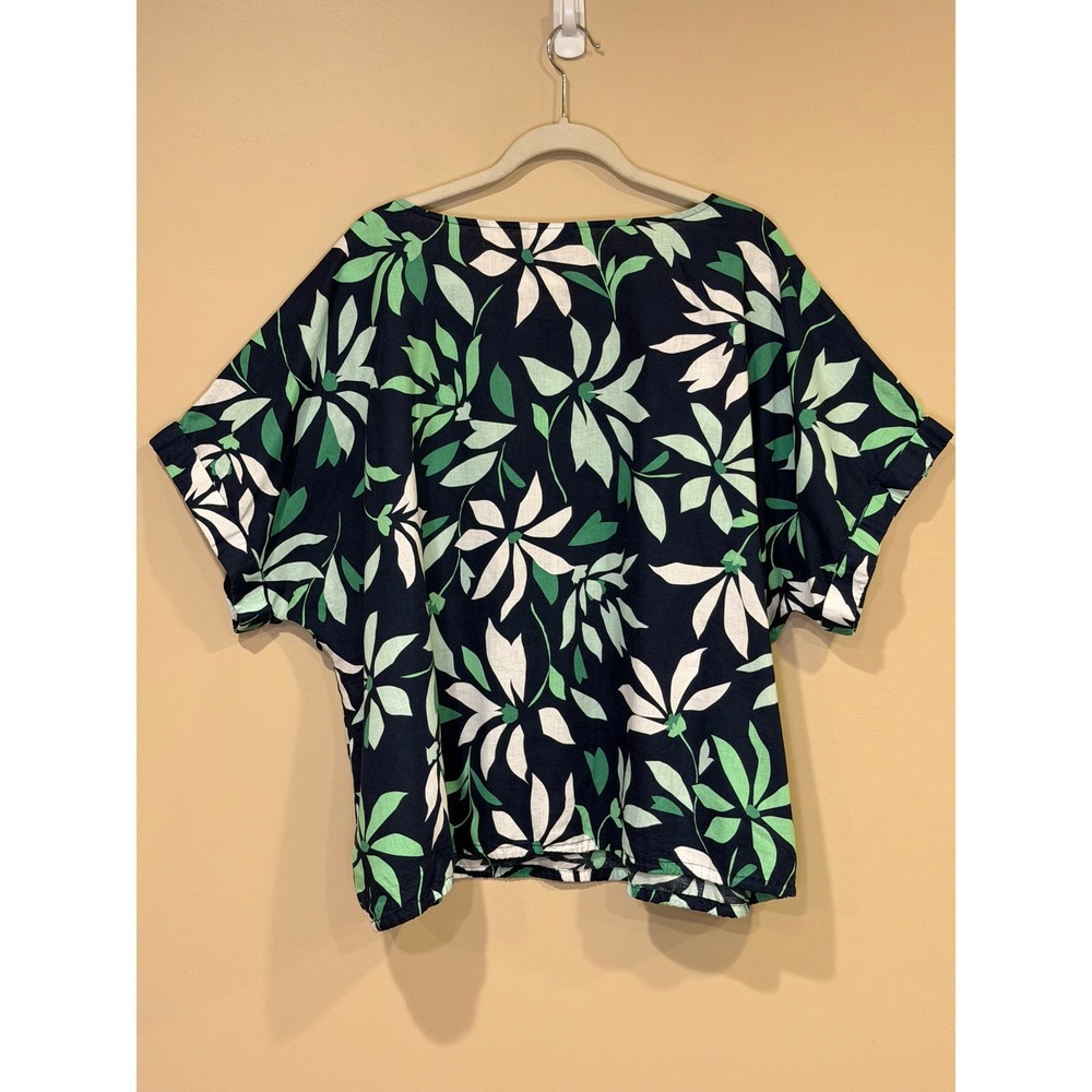 Lane Bryant Navy Green Floral Linen Blend Top 18/20 Short Sleeve Boxy Blouse - Picture 4 of 5